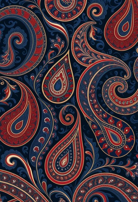 photo of a paisley pattern, boteh, paisley, navy blue, madder red, almond, entwined paislies, official art, aesthetic, dynamic angle, hyper detailed, order and chaos, dark colors, (extremely detailed, intricate details, masterpiece, best quality, 8k wallpaper:1.4), dramatic lighting, (dark blue and madder red palette:1.2), twisting paisley