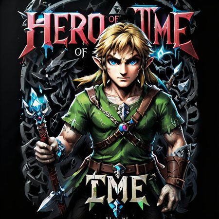 impactful color paint of Link from Zelda,  Text "HERO OF TIME" , highly detailed, vibrant colors , 8k, sharp, professional, clear, high contrast, high saturated, vivid deep blacks, crystal clear, <lora:Rock_Metal_Style:1>