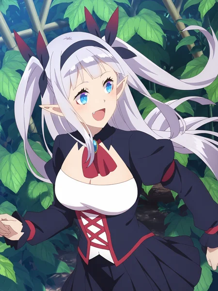<lora:Rurushi_Ru:0.8>, rurushi_ru, 1girl, solo, blue eyes, red eyeshadow, pointy ears, long hair, grey hair, twintails, blunt bangs, hair bow, red ribbon, gem, puffy sleeves, long sleeves, red trim, cleavage cutout, underbust, corset, pleated skirt, happy, :d, blush, fang, looking to the side, running, upper body, from above, outdoors, plant, nature, day