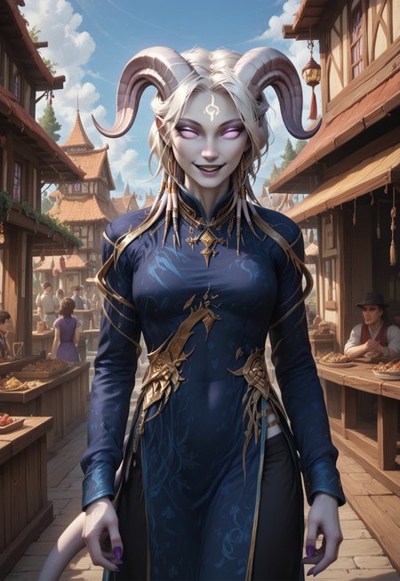 (absurdres, best quality, masterpiece:1.4), score_9, score_8_up, score_7_up, score_6_up, detailed, detailed body, detailed face, fantasy, 

culDraenei, purple eyes, no sclera, no pupils, athletic, tall, slim, pale skin, grey skin, long tail, long ears, 

(LOAwdl34pXL, qipao), 

smile, 

outdoors, wooden village background, ((multiple crowds, human, varied clothing, modern clothing))