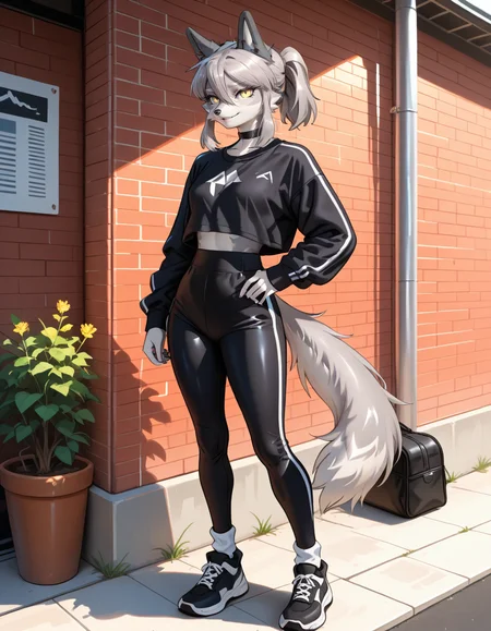 masterpiece, best quality, very aesthetic, absurdres,
outdoors, 
full body,  standing, posing,
casual, 
seductive smile, parted lips, long eyelashes,
<lora:Seraya_v01_NAIXL:1>
S3ray4,1girl,solo,furry,furry female,wolf girl,wolf ears,short hair,grey hair,ponytail,hair between eyes,long sidelocks,yellow eyes,snout,animal nose,choker,body fur,two-tone fur,grey fur,white fur,wolf tail,