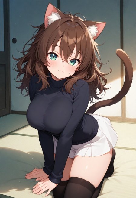 masterpiece, best quality, very awa, absurdres, one girl,1 girl, solo, dynamic pose, cute pose, :3, cat ears, cat tail, shoulder length hair, messy hair, brown hair, bangs, hair between eyes, cute, moe, nya, cat girl, dynamic pose, cute pose,, cute clothes, big chest, thigh highs, zettai ryoki