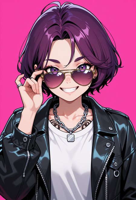 masterpiece, best quality, UltraComix, jewelry, solo, jacket, smile, necklace, purple eyes, tattoo, short hair, looking at viewer, teeth, ring, pink background, shirt, purple hair, sunglasses, grin, simple background, open clothes, thick eyebrows, 1girl, upper body, tinted eyewear, white shirt, open jacket, aviator sunglasses, hand up, collarbone, adjusting eyewear, chain necklace, long sleeves, comic art style, illustration, digital art, <lora:f7e7a2ff-27b1-4959-9674-be36ae3c1c2f:0.7>