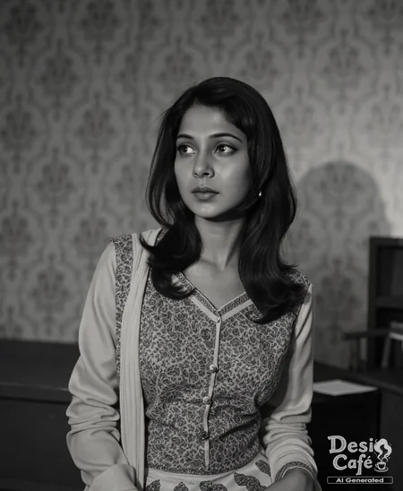 vintage still from black and white noir film photo of  jennifer winget woman, hyper realistic photo that is safe for work, expression of wonderment with wide eyes, studio quality image, well dressed wearing intricate long sleevedMekhela Chador (Assamese traditional attire), hair styled as straight hair,muted shaded wallpaper background that contrasts with the person, cinematic lighting,âââââ  <lora:Jennifer_Winget_Flux_Kohya_V1:1>âââ
