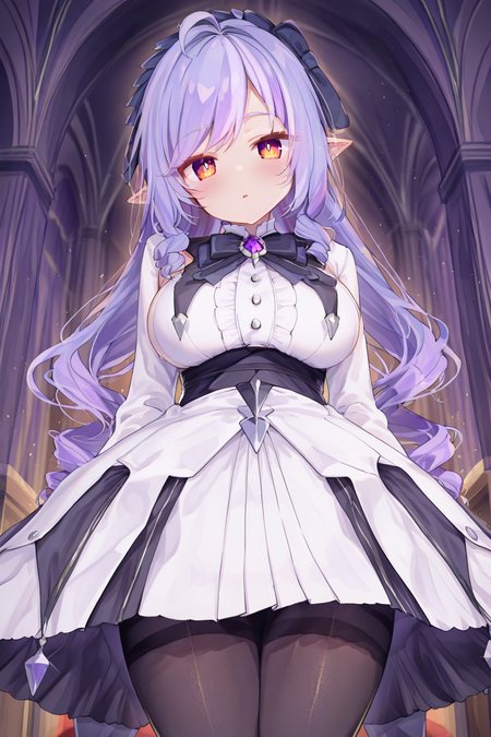 looking at viewer,facing viewer, front viewer, <lora:enotesv2:0.8>, <lora:vivian:1> vivian \(zenless zone zero\),purple hair,multicolored hair,red eyes,pointy ears,long hair,drill hair,hairband,large breasts,white dress,white shirt,black bow,black pantyhose, breasts,digital illustration,1girl, masterpiece, best quality,highres,