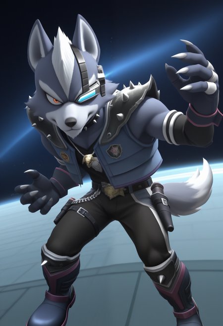 masterpiece,best quality, amazing quality, 1boy, solo, wolfSF, wolf boy, scouter, ssbb spiked shoulder armor, brawl blue vest, brawl black shirt, brawl black gloves, brawl black pants, brawl belt, brawl black boots, brawl spiked kneedpads, brawl gun holster, brawl necklace, chain belt, choker, black detached sleeves, attack,

 
space, space ship,