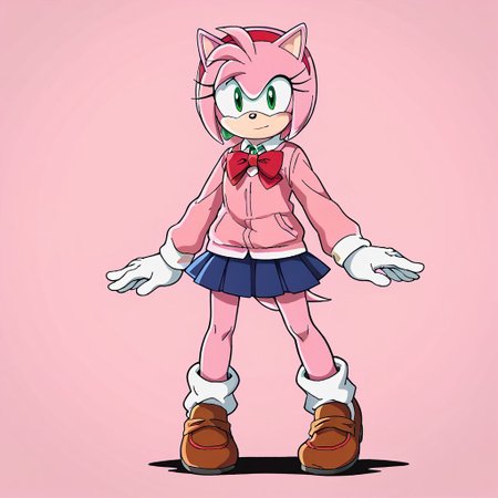 score_9, score_8_up, score_7_up, source_anime, <lora:Sonic_X_Style_V2_NS:0.8>,  /Amy Rose (Sonic)/, pink tail, green eyes, pink fur, pink hair, animal ears, animal nose, white gloves, gloves, red headband, skirt, bow, jewelry, school uniform, pleated skirt, earrings, miniskirt, bowtie,red bow, sweater, blue skirt, cardigan, loafers, pink sweater, black chocker, looking at viewer, solo, dutch angle, cowboy shot, sonicx_style