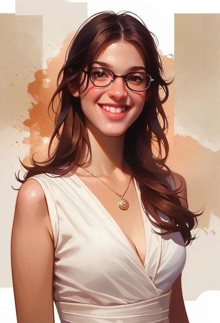 score_9, score_8_up, score_7_up, score_6_up, source_cartoon, 1girl, female, solo, femenine, petite, lean, pale skin, thick nerdy glasses, eyelids brown, brown eyes, soaking wet hair,long hair, brown hair, smile, diaphonous white dress, bronze necklace, medium breasts, female focus, official style, close up, perfect anatomy, perfect face, standing,  abstract beauty, beautiful, centered, looking at the camera, approaching perfection, dynamic, moonlight, highly detailed, watercolor painting, artstation, concept art, smooth, sharp focus, illustration, portrait