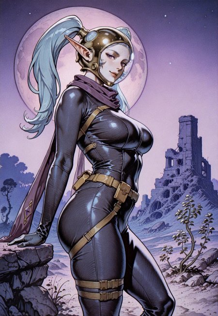 score_9, (HELMUTNEWTON,  impressionism), seductive, realistic, night, looking at viewer, solo, steveshawphotos, (mariotestino:0.2),  from side, tall female, ES_Epsilon, blue hair, pointy ears, purple eyes, twintails, 

An intrepid astronaut investigates an alien structure on a distant exoplanet with two moons visible in the purple sky. solo, realistic proportions, astronaut suit, futuristic design, helmet with lights, utility belt, exploration equipment, scanning device, alien architecture, ancient ruins, bioluminescent plants, strange crystals, purple sky, two moons, distant stars, alien landscape, rocky terrain, fog effects, 

large breasts, slender, beautiful face, purple scarf, black bodysuit, gold trim, black gloves, thigh straps,  bursting out, glamour model, teasing, athletic physique, artistic lewd, damien hirst, rackh4m, faux scenery, traditional_media, ink_\(medium\), watercolor_\(medium\), hatching_\(texture\), parchment_\(texture\), strong lines and shadows emphasizing her strength and allure, styled in high fashion. realist detail, ue5, (analog film grain:0.6), Shadow Play Lighting, Fujifilm Provia 100F, (timbradstreet:0.5), dramatic shadows, soft skin, digital art, dynamic view, realistic light, smooth shading, very high details, graceful contours, fine art photography, emotive expression, professional lighting, lad mag, masterpiece, best quality, very awa, absurdres, highres
