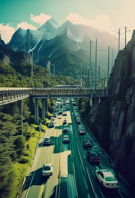 ()Hyoer Realistic:2.0)Polaroid picture 
Photorealistic image Alternative universe, Blue Ridge Mountains, skyscrapers, high elevation bridges, highways, futuristic, dystopian, cinematic lighting, detailed, 4k, fantasy.