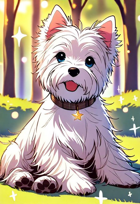(masterpiece),(best quality),(ultra-detailed),very aesthetic,absurdres,  newest,scenery, (solo:1.9)
(bloom:1.2), (bokeh:1.2), (sparkle:1.3), <lora:West_Highland_Terrier_Illustrious:1> w3st13, white fur, dog, animal focus
sitting, happy, looking at viewer, head tilt, tongue, open mouth, pink collar
forest, leaves, grass, sticks