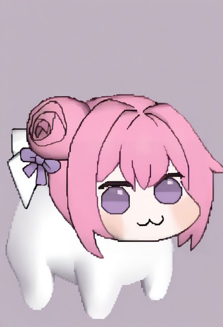 masterpiece, best quality, solo, looking at viewer,  <lora:FF7-Chibi-illus_Fp:1>, full body, simple background, 3d, chibi, <lora:doro_xypher_ixl_v1:1>, doro, :3, chibi, no pupils, solid circle eyes, full body, white skin, all fours, dorothy \(nikke\), pink hair, purple eyes, single side bun, hair bow, purple ribbon