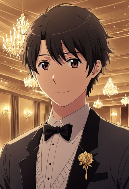high resolution, solo, best quality, 1Boy, Inaho Kaizuka, Black Hair, Brown Eyes, luxury hotel, Ballroom, tuxedo, smile, mysterious, confident, OverallDetail