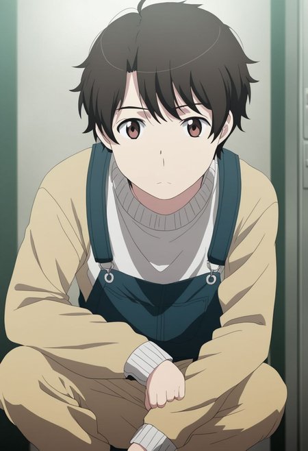 high resolution, solo, best quality, 1Boy, Inaho Kaizuka, Black Hair, Brown Eyes, lofi, candid, squat, depth of field, photo model, looking at viewer, OverallDetail