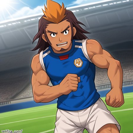 Score_9, cartoon source, toon source, high Quality,  wolfconf,  1boy, solo,  HIJIKATA RAIDEN, Brown hair, black eyes,  young, muscle body, two-tone hair, dark skin, soccer uniform (white shorts, blue sleeveless shirt), tight-fitting clothing, goatee.