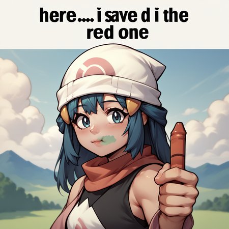 source_anime, score_9, score_8_up,  <lora:NSRedOneMeme:1> NSRedOneMeme, upper body, holding, english text, from side, looking at the viewer, 1girl, dawn_(pokemon)