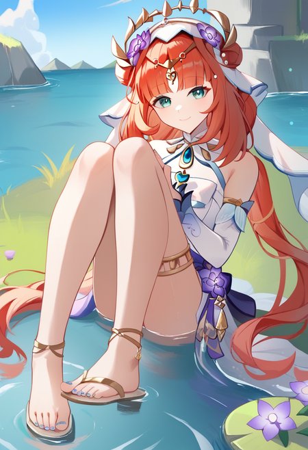 score_9,score_8_up,score_7_up,<lora:nilou_(breeze_of_sabaa)_v2:1>,nilou_(breeze_of_sabaa)_(genshin_impact), toes, 1girl, sitting, thighlet, looking_at_viewer, legs, white_sleeves, grass, nilou_\(genshin_impact\), full_body, bare_shoulders, barefoot_sandals_\(jewelry\), feet, sidelocks, twitter_username, solo, circlet, white_dress, thighs, white_veil, knees_up, toenail_polish, water, smile, purple_flower, outdoors, closed_mouth, detached_sleeves, hair_flower