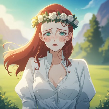 score_9, score_8_up, score_7_up, source_anime, expressive, anime,  dynamic, 1girl, white skin, blush_stickers and freckles, long hair, red hair, red_lips, aqua_eyes, shy, blush, uncensored, (S1GR1DTotG), source_hentai, unbuttoned, white_dress, breasts, blurry_background, head_wreath,