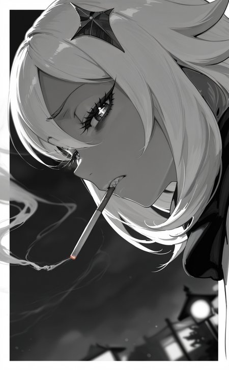 (profile:1.2), (dutch angle:1.2), perspective, (cinematic:1.3), white border, outside border, border
looking at viewer, looking down, (disgust, disappointed, disdain:1.2), paimon \(genshin impact\), solo, 1girl, close-up, :|, smoking, smoke, (sharp teeth:1.2), (half-closed eyes:1.2), + +, wide oval eyes, long eyelashes, thick eyelashes, black eyeliner, bags under eyes, outdoors, (red night:1.2), (dark theme:1.2), (smoke trail:1.2), (raised eyebrow:1.2), white hair, gyaru, backlighting, sidelighting, limited palette,
blurry background, depth of field,
greyscale, monochrome, 
highres, best quality, masterpiece,
<lora:nhl-003-naii-16:0.9> nhl-003,