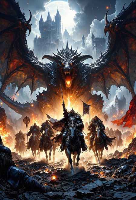 A thrilling medieval fantasy battle scene featuring a squad of armored knights on horseback, galloping forward with swords raised, their expressions fierce and determined. Towering behind them is a massive, menacing dragon with dark, leathery wings spread wide, its scales shimmering in the faint light as it roars with fury. Smoke and embers fill the air, blending with the dramatic clouds overhead, as a burning castle looms in the background, its towers crumbling amidst the chaos. The knights charge down a rugged, rocky path, their banners trailing behind them, while the dragon's fiery breath illuminates the destruction. The scene captures the intensity and heroism of the knights as they face insurmountable odds with unwavering courage. <lora:Dever_Flux_Enhancer.safetensors:0.5>,  <lora:frazetta_flux_v2-000150.safetensors:0.3>,  <lora:FluxMythP0rtr4itStyle.safetensors:0.75>,  <lora:Elden_Ring_-_Yoshitaka_Amano.safetensors:1.0>,  <lora:aiai-Glimra-Flux-Dev-v2.safetensors:0.5>,  <lora:black_fantasy.safetensors:0.5>,