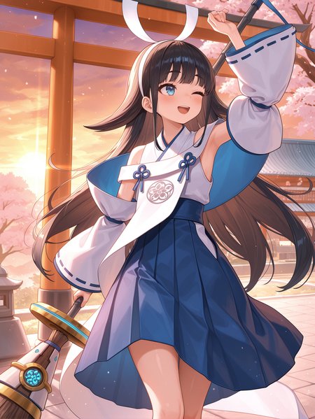shinonome the vaylantz priestess, 1girl, solo, smile, open mouth, one eye closed, reverse grip, white broom, holding white broom, blush, standing, sidelocks, arm up, white hairband, white ribbon-trimmed sleeves, white sleeveless kimono, blue hakama skirt, white breast curtain, looking away, outdoors, sunset, torii, east asian architecture, cherry blossoms, 
masterpiece,best quality,amazing quality,very aesthetic,absurdres,newest,scenery,extreme detail,8k,light particles,soft lighting,volumetric lighting,intricate details,finely detailed,detailed eyes,<lora:Shinonome the Vaylantz Priestess illusXL v1.1:0.75>,
