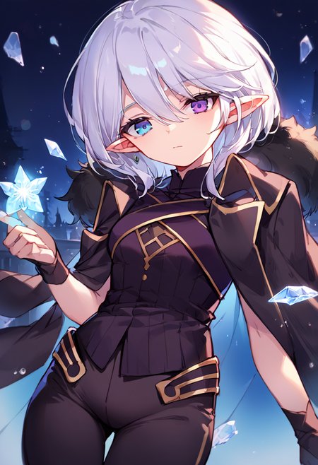 score_9,score_8_up,score_7_up,source_anime,zPDXL3,game cg,moody lighting,cinematic lighting,night,novel illustration,magic,snowflakes,ice,
*//*,<lora:Reina-v1.0:0.8>,reina_maple,1girl,solo,heterochromia,blue eyes,purple eyes,short hair,white hair,hair between eyes,bangs,pointy ears,fur trim,black cape,black gloves,black shirt,black pants,
*//*,looking at viewer,cowboy shot,dutch angle,
