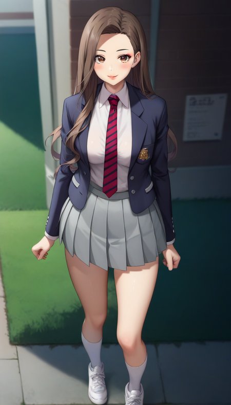 score_9,score_8_up,score_7_up,score_6_up BREAK official art,solo,outdoors,cowboy shot,looking at viewer,facing viewer,smile,blush,Jugyeong Lim,long hair,brown hair,forehead,makeup,eyelashes,brown eyes,lips,lipstick,close mouth,school uniform,blue jacket,blazer,open jacket,white shirt,collared shirt,red necktie,striped necktie,long sleeves,medium breasts,skindentation,shirt tucked in,miniskirt,grey skirt,pleated skirt,white socks,sneakers,white footwear,<lora:Jugyeong Lim(tb)-Pony:1.4>,