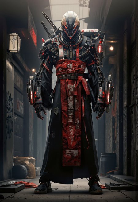 . A cyberpunk digital illustration shoot from a frontal camera angle about a futuristic, cybernetic humanoid robot standing confidently in a dimly lit alleyway, wearing a red and black kimono with intricate patterns and japanese writing on it. the robot is positioned in the middle of the image, facing the viewer, with its full body visible from the front. it has a sleek, black and red design with glowing red accents, and its armor is adorned with various mechanical parts, including a katana, obi, and a sash. the background is dark and gritty, with neon lights and graffiti-covered walls, and the overall atmosphere is ominous and ominous, with a sense of danger and intensity.