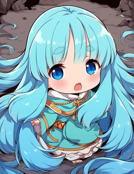 score_9, score_8_up, score_7_up, source_anime, rating_explicit, BREAK  <lora:Runemaster_XL:1>
runemaster, long hair, blue eyes,  bangs, very long hair, aqua hair, thick eyebrows, blue hair, chibi,　looking to the side,From Behind,
cave,