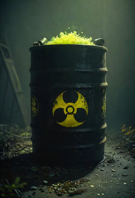 cute little barrel of nuclear bio hazard waste glowing eerie dark, perfect composition , eldoria, <lora:eldoria:0.8> <lora:CBS_novuschroma20 style:0.8> novuschroma20, novuschroma20 style