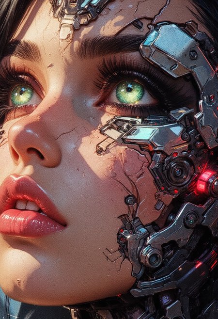 ((A close-up portrait)) ((side view) ((look away))  of a cyberpunk woman with a hyper-realistic biomechanical face. Detailed human skin texture seamlessly integrated with futuristic mechanical implants . One large, green cybernetic eye with intricate patterns. Soft pink lips, smooth and reflective metallic details on her face. Lighting is warm and dynamic, highlighting every contour and texture. Futuristic and sci-fi atmosphere, highly detailed and realistic digital art.
(Cyberpunk realism, Biomechanical details) (Dynamic lighting with neon highlights) (((glowing circuits, metallic implants)))
