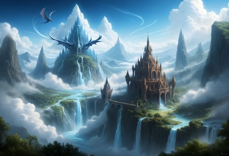Imagine vast, open skies stretching endlessly in every direction. Wispy clouds drift lazily, their forms ever-changing like the breath of the heavens. In this airy expanse, let your mind give rise to wondrous scenes that capture the very essence of the gaseous element. Envision floating islands, defying gravity with their lush vegetation and towering peaks that seem to brush against the underbelly of the clouds. Waterfalls cascade from their edges, the streams of water frozen in mid-air, suspended by unseen forces. Conjure up creatures born of the air itself – feathered beings with wings outstretched, soaring effortlessly through the boundless azure. Perhaps you'll glimpse the graceful flight of dragons, their scales shimmering like jewels as they navigate the currents and eddies of the heavens. Craft ethereal realms where the very architecture seems to defy the laws of physics, with spires and towers twisting and spiraling into impossible shapes, held aloft by the caress of the wind. Imagine cities built upon the clouds themselves, their inhabitants moving through misty streets and plazas, their forms hazy and dreamlike. Let the gentle breezes manifest as visible currents, swirling and dancing around the elements of your creation, carrying with them the scents of far-off lands and the whispers of ancient secrets. Capture the ever-changing nature of the air itself, with scenes that shift and morph as effortlessly as the clouds that drift across the canvas of the sky.