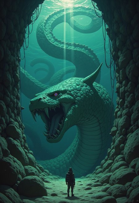 score_9, score_8_up, score_7_up, score_6_up, cyberpunk, anime, action shot,
(score_9, score_8_up), score_7_up, zPDXL, Illustration Masterpiece, ocean floor, darkness, underwater, the Leviathan of Sea_Snakes (monstrous, powerful, the embodiment of all of the Power, Pressure and Force of the Ocean. at the bottom of the ocean, swirling coils, mottled, shifting, translucent skin, sharp teeth, the inversion of nature, weight), a powerful sea_current pours down into a darkened trench, sediment, detritus, riptide, whirlpool, pressure, depth, bubbles, light filters down from above, glowing specks in the water, flotsam and jetsam, swirling vortexes of saltwater spiral downward into the void. Color: sea-green, teal, aqua, cream, dark green. rays of light shine through the thick darkness, dramatic lighting, lit from above, darkness below,