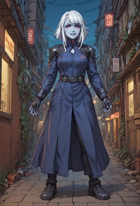 score_9, score_8_up, score_7_up, score_9, score_8_up, score_7_up, Cowboy Shot, Full Body Visual,
BREAK
static_pf, 1girl, white hair, purple eyes, blue skin,
BREAK
Standing in an action pose, Standing in alley at night, city at night, cyberpunk, neon light,
BREAK
DARK SAKURA BODYSUIT,
BREAK
Expressiveh, Smug, Smirk,