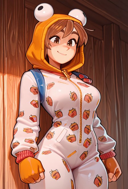 <lora:ilonesie-10:1> onesie, 1girl, orange hood, solo, short brown hair, smile, orange fingerless gloves, , zipper, animal print, white onesie,  <lora:Wamudraws_Style_Ill:1> artist:wamudraws, masterpiece, best quality, amazing quality, very aesthetic, absurdres, newest,