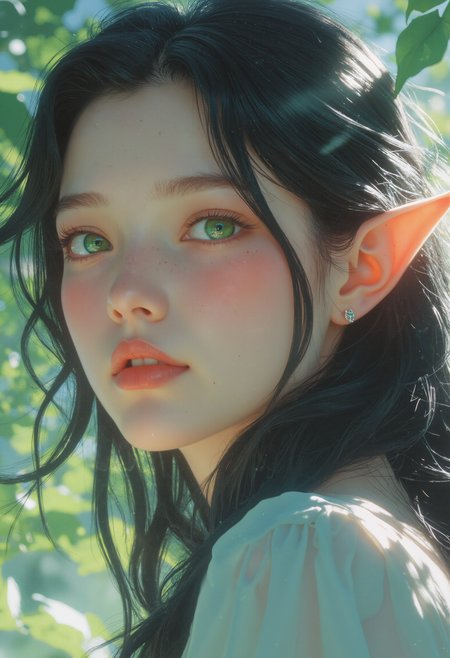 p0st_1mp4ct style, mingming, A captivating portrait of an elvish woman with strikingly vivid green eyes, glowing like enchanted emeralds. Her silken hair flows gracefully, catching hints of light as it cascades over her shoulders. The background is an abstract swirl of forest hues, subtly echoing her connection to nature. The colors are bold and vibrant, with Loisha's smooth, flowing lines, Kuvshinova's clean and expressive features, and Ruan Jia's intricate texturing. <lora:Evangelion_Post-impact_Apocalyptic_Style_Flux.1_D_by_AutoPastel-000019:0.40> <lora:Analog_Photo_Style_2:0.25> <lora:FLUX-Vintage_Abstract_Film:0.26> <lora:AGirl_type3_F1:0.43> <lora:MINGMING_flux_watercolor:0.43>