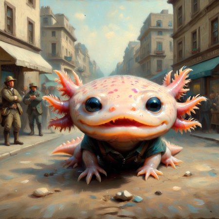 axolotls in a monster hunting in the city streets, embedding:OverallDetail-SDXL,<lora:Axolotl_SDXL_epoch_14.safetensors:1.0:1.0>