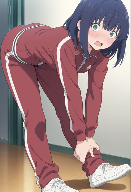 anime coloring, anime screencap, 1girl, medium hair, blue hair, bangs, aqua eyes, mole under mouth, red track suit, stretching, bent over, touching own feet, standing, looking at viewer, surpised, blush, panicking, wide-eyed,  <lora:Saoko_Andou_hatsukoi:1>, masterpiece, best quality, amazing quality, very aesthetic, absurdres, highres, newest