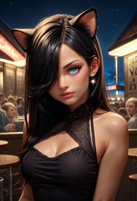score_9, score_8_up, score_7_up, detailed, 1girl, solo, intricate details, chromatic aberration, realistic, long hair, black hair, cat ears, hair over one eye, blue eyes, earrings, sharp eyes, black halter top mini dress, night time, inside a crowded night club, neon lighting, dim lighting,  looking at viewer