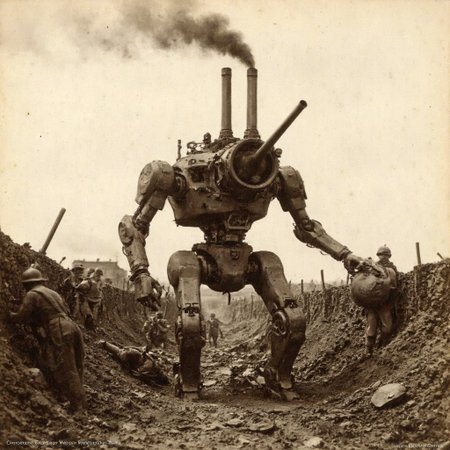 An aged worn sepia monochrome 1800s photograph of a steam powered mecha, turret with large canon, armless, no arms, walking robot, smokestacks up top, thick black smoke, walking through No-man's land between the allied trench line and the enemy trench line, soldiers in the trenches