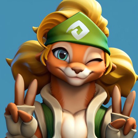 score_9, score_8_up, score_7_up, Expressiveh, masterpiece, best quality, highly detailed, realistic,  1girl, solo, (LunaNK, furry, anthro, mongoose, headwear, green headkerchief, blonde hair, twintails, medium hair, green eyes, black pupils, brown nose, orange body, orange fur, white body, white fur, two tone body, two tone fur, white chest tuft, green vest, open vest), upper body, close-up, blue background, simple background, closed mouth, smile, looking at viewer, one eye closed, (peace sign, white fingerless gloves), ((4 fingers))