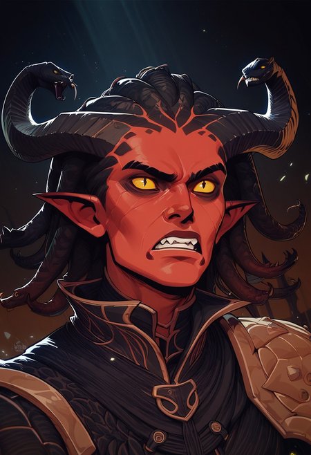 score_9, score_8_up, score_8, score_7_up, score_7, score_6_up, score_6, score_5_up, bulky tiefling, (black tipped horns:1.2), (snake hair, black snake hair), red skin,  runes, shoulder armor, spikes, wizard robes, black clothing, claws, masculine face, wide jawline, angry, intense expression, yellow eyes, vox machine style, 1boy, male focus, solo, close up portrait , fantasy, night background, (dynamic lighting:1.1)
((masterpiece))