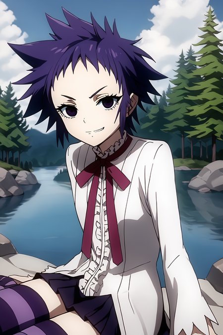 sharp focus, pixiv masterpiece, intricate details,  expressionless, source_anime,  score_9_up, score_8_up, score_7_up, score_9, looking at viewer, 
, highres,, 1girl,solo, remarkable, absurd res, sunny, forest,   <lora:roadkamelot_PonyXL_0.3:1>, roadkamelot, cowboy shot, mini-skirt, neck_ribbon, white blouse, striped_stockings, evil grin, eyelashes, lake, pine trees, sitting, rock
