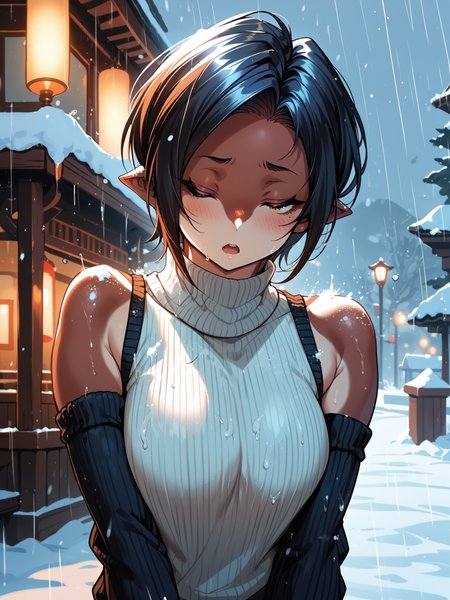 (cowboy shot, solo:1.1) <lora:happy_tentacle-rukka-v0.4-000020:1>, ht_rukka, orca girl, dorsal fin, two-tone skin, large breasts (petite:1.2), <lora:Shed_The_Skin's StS_age_slider_v1_initial_release:-1.1> ( (bare shoulders :1.1) :1.1) ( ( head tilt :0.8) , , ( female orgasm :1.2) , , (looking down:1.2) :1.1) , outdoors, vegetation, ( :1.1), winter, snow , (day :0.6), rain , (:0.5), , (chinese architecture :0.8), sleeveless shirt, (turtleneck sweater:1.2) ( :0.8) score_9, score_8_up, score_7_up, score_6_up, score_5_up, score_4_up, [(realistic, photorealistic:1.3):(realistic:1.2):16] [(3d:1.2)::14] <lora:LUUNA's Lunas-NijiJourney-SDXL-B2:0.4>, nijijourney <lora:prgfrg23's Counterfeit-V3.0 Style SDXL_LoRA_Pony Diffusion V6 XL:0.4> <lora:mfcg's mfcgXL:0.12> <lora:reweik's gyokai(himehajime)_PonyXL_style_v01:0.14>