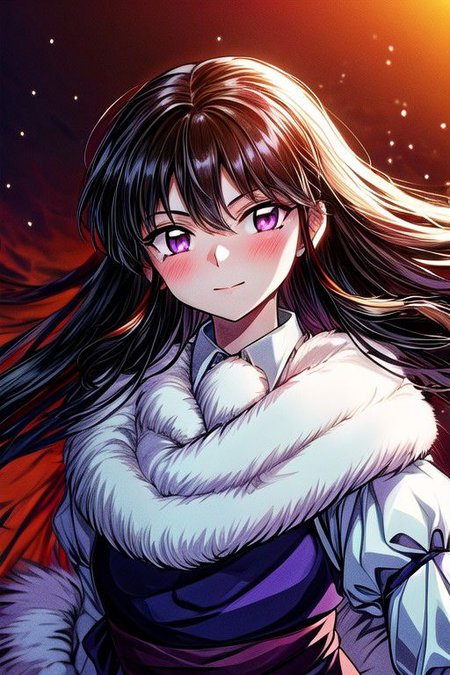 masterpiece,  best quality 1girl Setsun4 solo long hair,  (night time) forest background black hair very long hair purple eyes multicolored hair armor (fur trim) (medium body),<lora:EMS-179-EMS:0.800000>,<lora:EMS-293862-EMS:0.800000> bow, hair_bow, hair_tubes, red_bow, brown_hair, long_hair, bangs, sidelocks, ascot, brown_eyes, frilled_bow, yellow_ascot, blush, smile, hair_between_eyes
