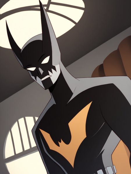score_9, score_8_up, score_7_up, score_6_up, score_5_up,
solo, 1boy, parody, upper_body, indoors, mask, meme, horns, bodysuit, looking_at_viewer, no_humans, belt, style_parody, superhero
 <lora:Batman_Beyond:1>