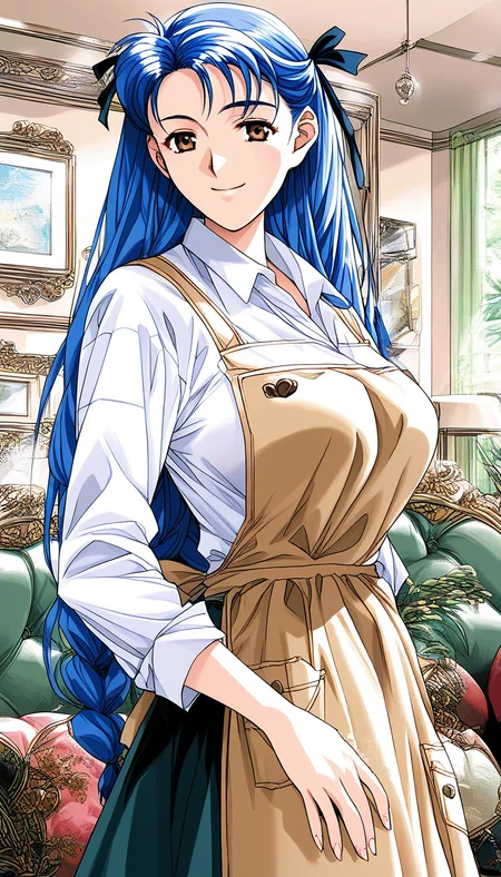 score_9, score_8_up, score_7_up, source_anime, rating_explicit, BREAK  <lora:Narusawa_Misako_XL:1> NarusawaMisako, blue hair, long hair, brown eyes, large breasts,
1girl, solo, apron, braid, skirt, looking at viewer, shirt,  long sleeves, hair ribbon, ribbon, smile,
indoors, couch, shirt, looking at viewer,  long sleeves, skirt, smile, collared shirt