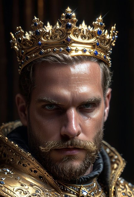 gold and black, glow, shine, luxury, expensive, royal, crown, throne, regal, sharp eyes, goatee beard, FastNegativeV2, extremely detailed, HKStyle, epiCNegative