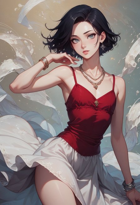 score_9, score_8_up, score_7_up, 1boy, femboy, otoko no ko, short hair, bob cut hair, black hair, grey eyes, gray eyes, feminine face, toned body, Shelly, camisole dress, loose dress, silk dress, red dress, earrings, necklace, bracelet, elegant, flowing, highly detailed, intricate, zzCitronCAT, flirty expression, model pose, cowboy shot, looking at viewer, modelshoot, abstract background, solo