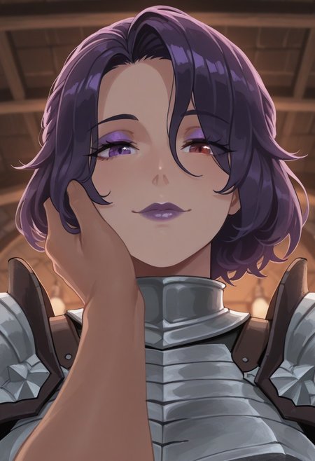 source_vanillaware,
from below, face focus, pov hand, hand on cheek,
1girl, solo,
AmaliaIL, Amalia Unicorn Overlord,
tan skin, purple eye, detiled eyes, red eye, heterochromia,  purple eyeshadow, dark purple hair, short hair, detailed lips, luscious lips, glossy lips, purple lips,
muscular, milf, large breasts, 
steel armor, high collar, pauldrons,
subtle smile, looking at viewer,
tavern,